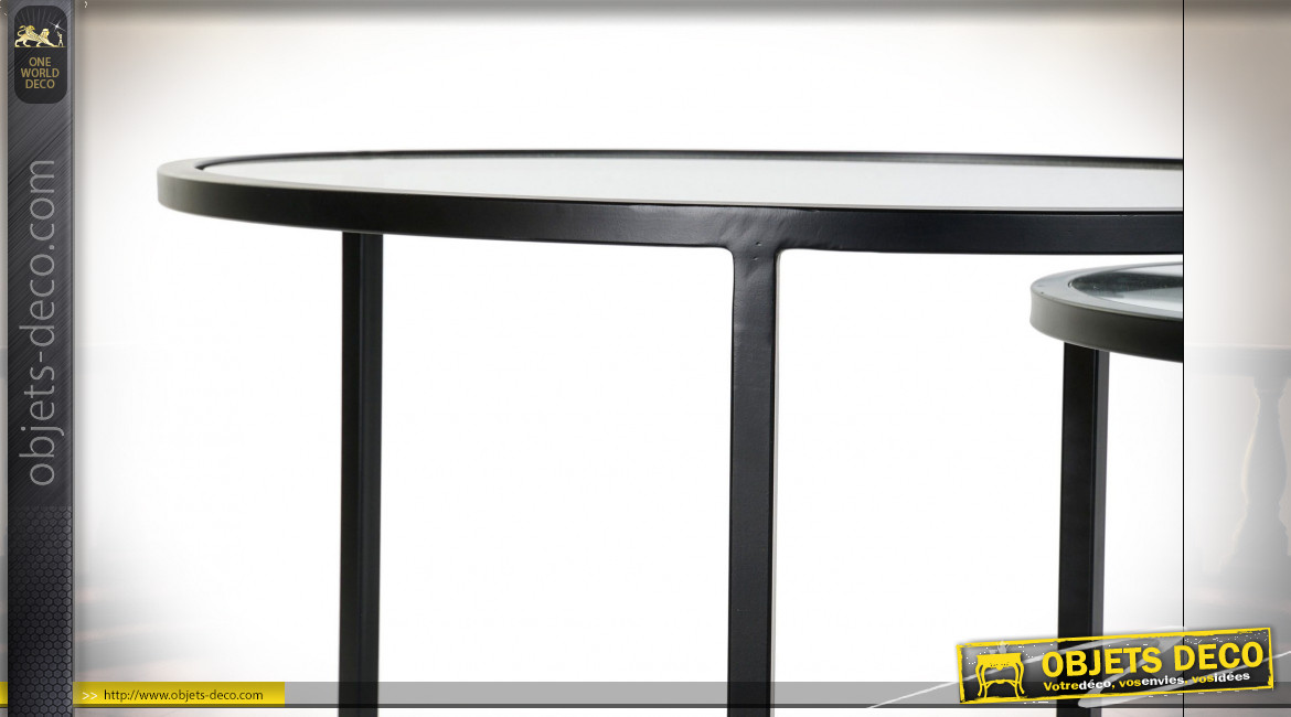 Table d'appoint gigogne en fer finition noire plateau en verre ambiance moderne, Ø75cm