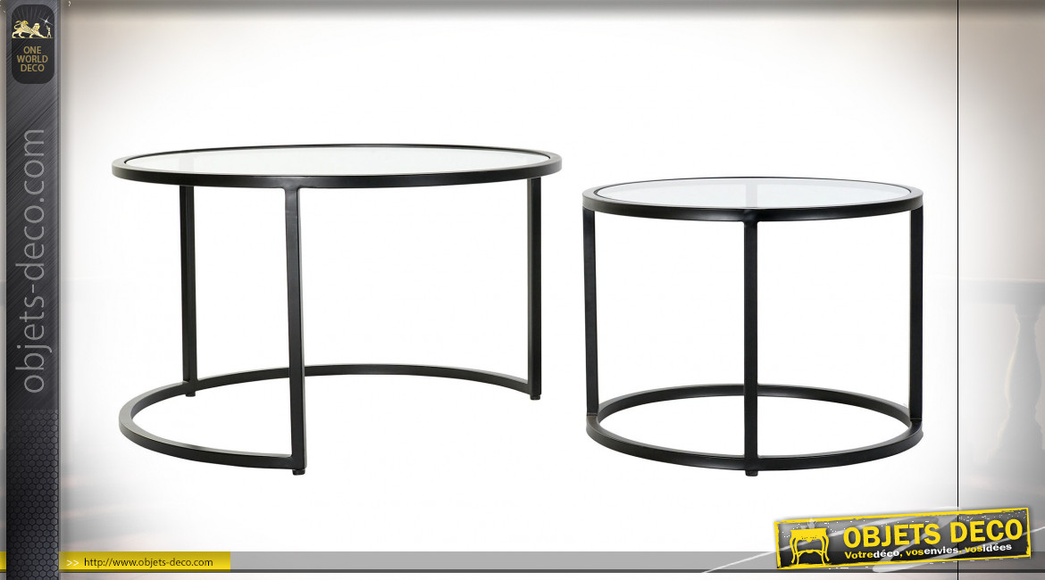Table d'appoint gigogne en fer finition noire plateau en verre ambiance moderne, Ø75cm