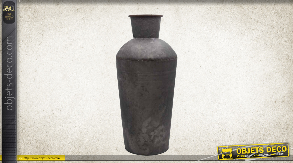 Jardinière vase en métal type zinc oxydé en forme d'ancien bidon à lait, 53cm
