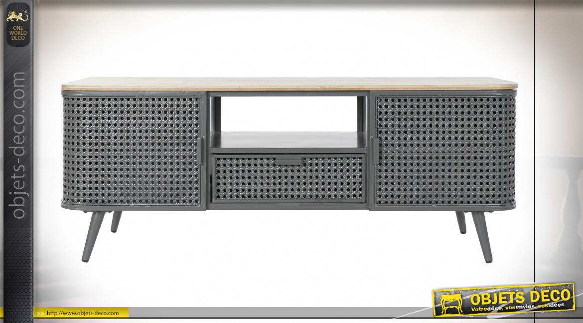Meuble TV en bois et métal finition gris ardoise ambiance atelier moderne, 118cm