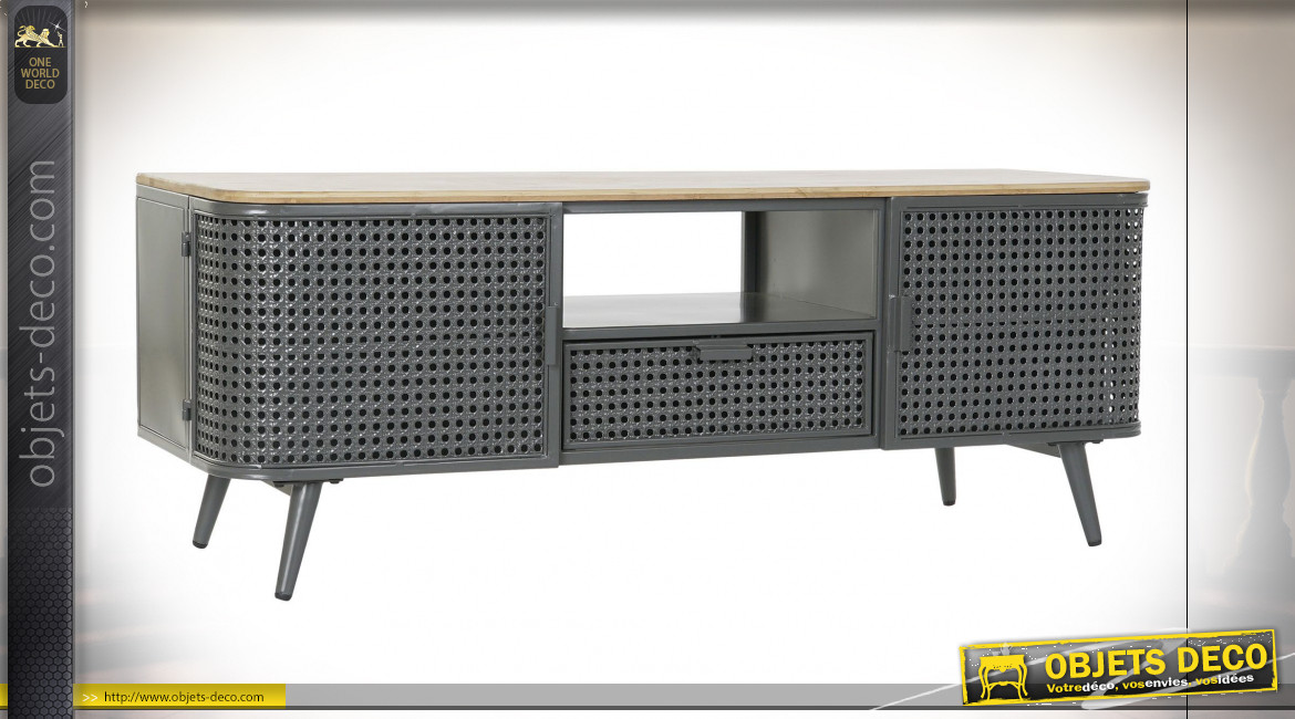 Meuble TV en bois et métal finition gris ardoise ambiance atelier moderne, 118cm