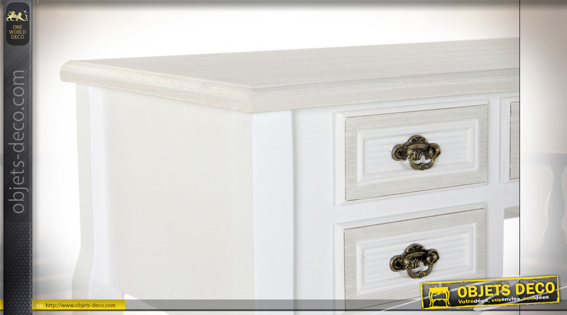 Bureau 5 tiroirs en bois finition blanche et pieds galbés de style romantique, 90cm