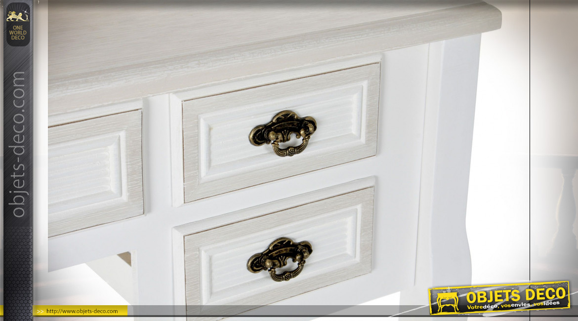 Bureau 5 tiroirs en bois finition blanche et pieds galbés de style romantique, 90cm