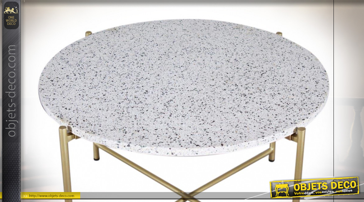 Table basse circulaire en fer finition dorée, plateau en granit blanc de style moderne, Ø81cm