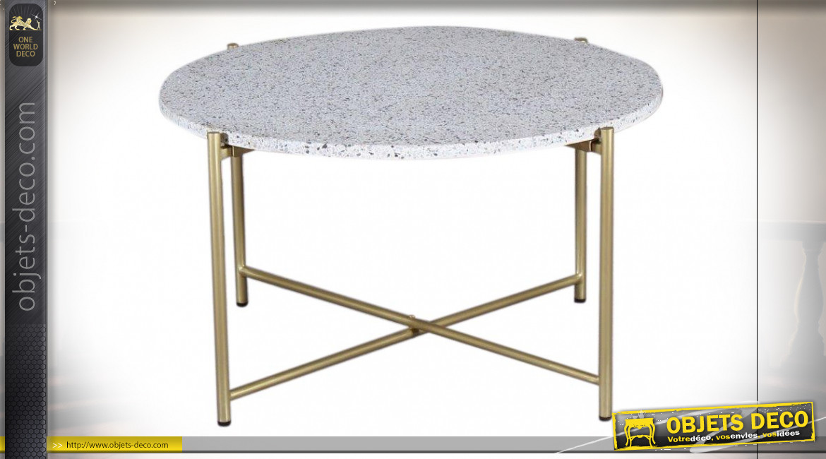 Table basse circulaire en fer finition dorée, plateau en granit blanc de style moderne, Ø81cm