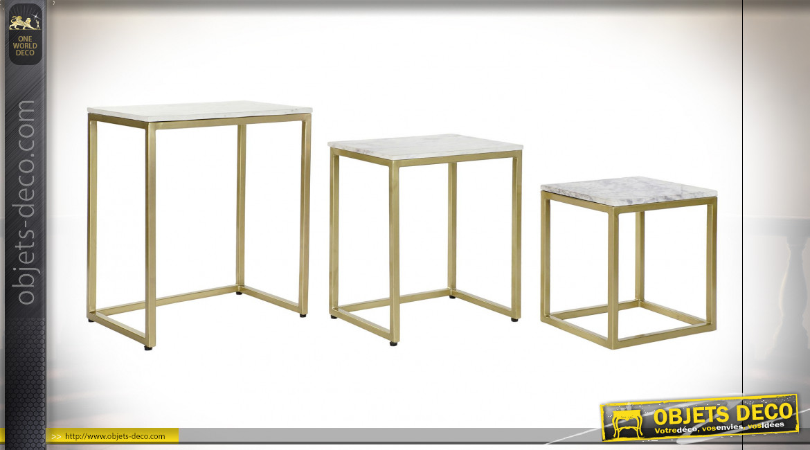 Série de 3 tables d'appoint gigognes en fer doré et marbre finition blanche ambiance moderne chic, 60cm