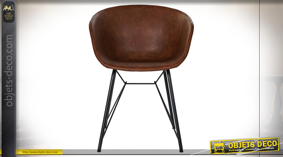 Chaise en métal noir assise imitation cuir finition brun caramel ambiance rétro, 79cm