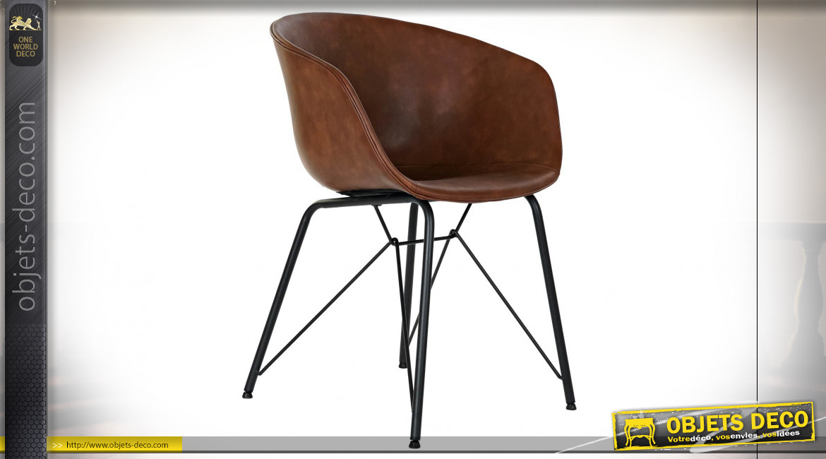 Chaise en métal noir assise imitation cuir finition brun caramel ambiance rétro, 79cm