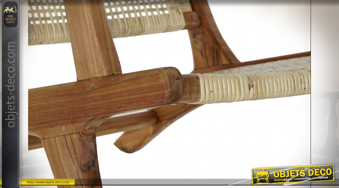 Fauteuil en bois de teck et cannage de rotin finition naturelle ambiance campagne chic, 78cm