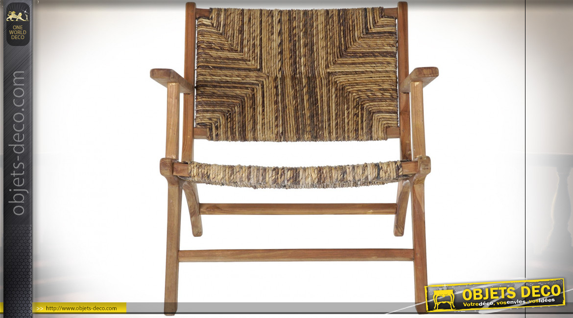Fauteuil en teck assise et dossier en fibre végétale finition naturelle ambiance campagne chic, 78cm