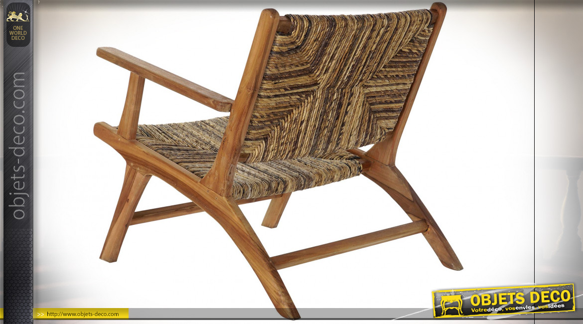 Fauteuil en teck assise et dossier en fibre végétale finition naturelle ambiance campagne chic, 78cm