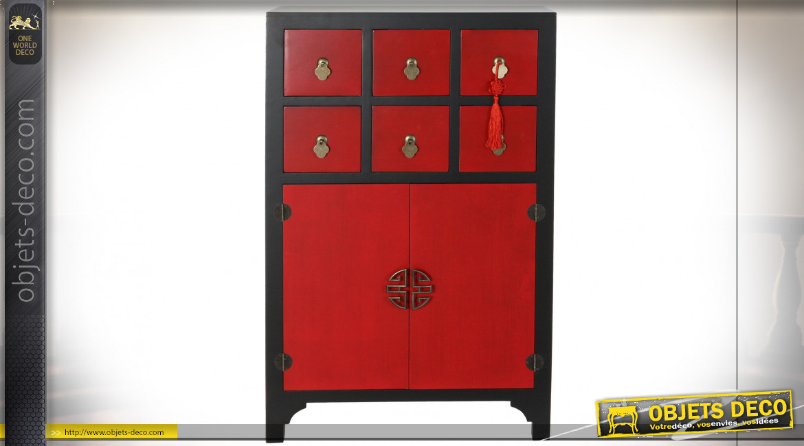 Meuble à tiroirs en bois de sapin finition noire et rouge coquelicot ambiance Japonaise, 101cm
