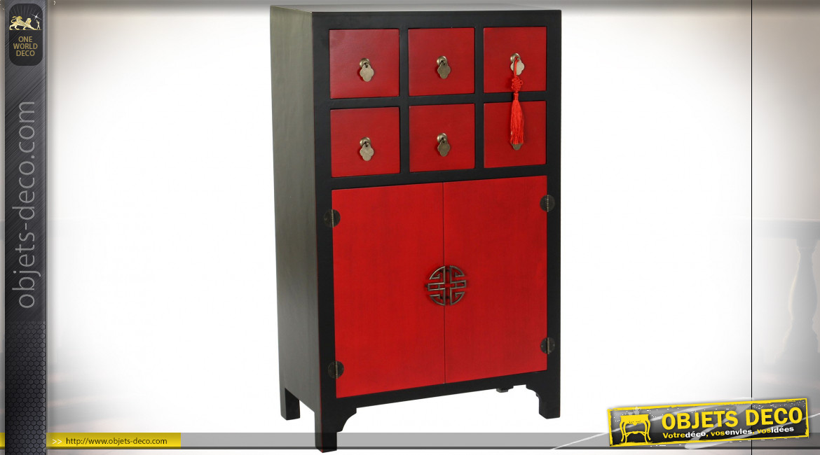Meuble à tiroirs en bois de sapin finition noire et rouge coquelicot ambiance Japonaise, 101cm