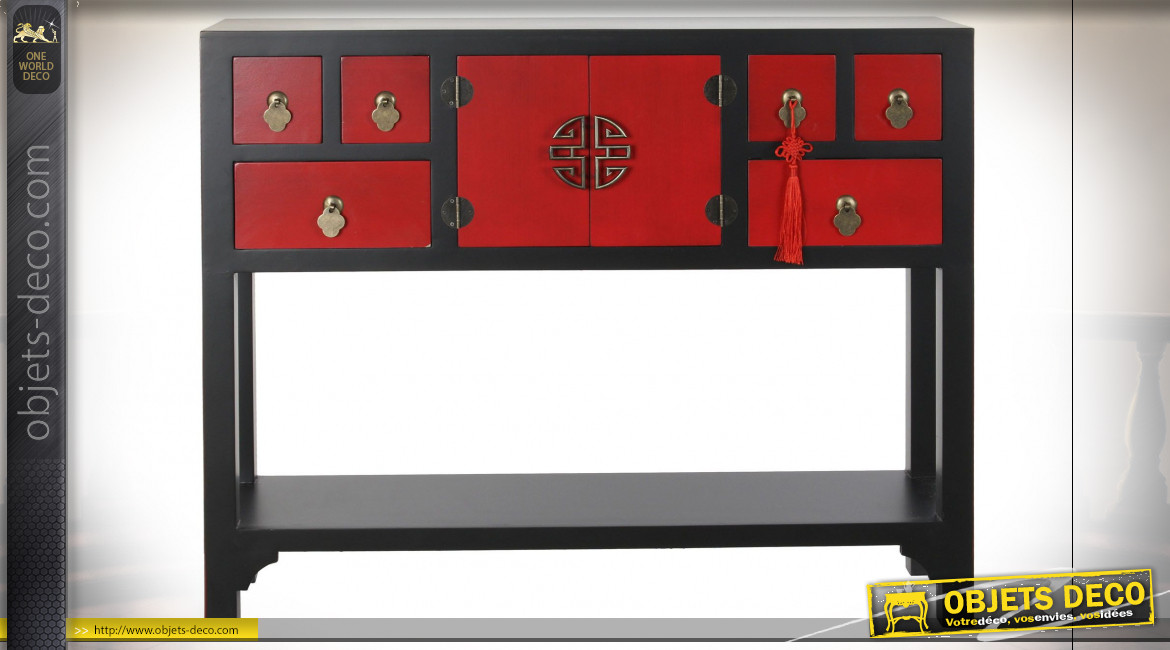 Console à 6 tiroirs en bois de sapin finition noire et rouge carmin de style Japonais, 95cm