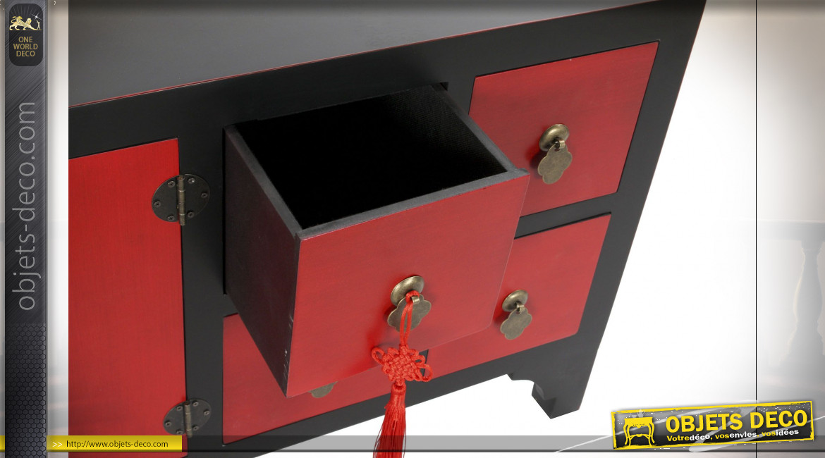 Meuble TV en bois de sapin finition rouge coquelicot et noir ambiance Japonaise, 130cm