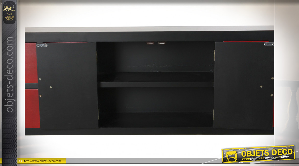 Meuble TV en bois de sapin finition rouge coquelicot et noir ambiance Japonaise, 130cm