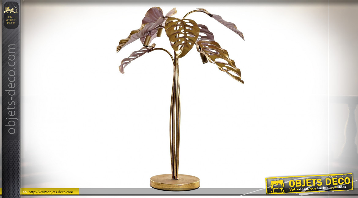 Grande lampe à poser en forme de feuilles finition dorée et rose poudré ambiance moderne chic, 72cm