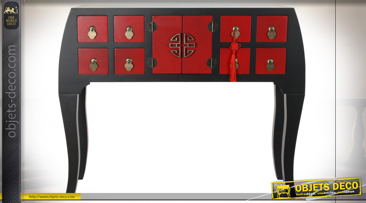 Console de style Japonais en bois de sapin finition rouge coquelicot et noire, 98.5cm