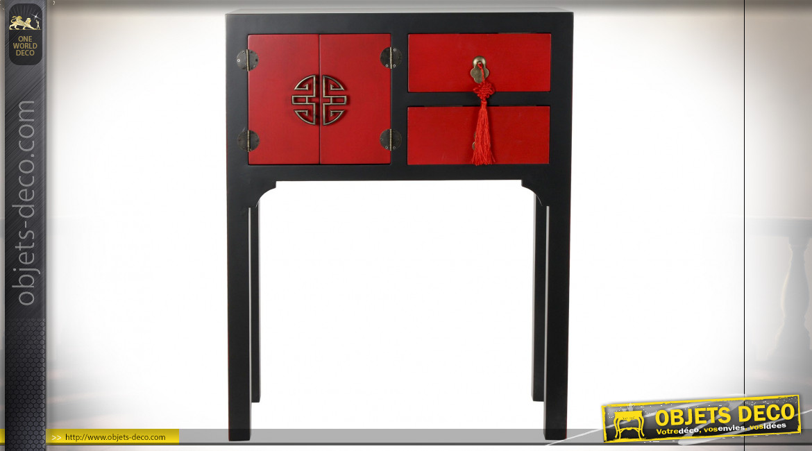 Petite console de style Japonais en bois de sapin finition rouge coquelicot et noire, 83cm