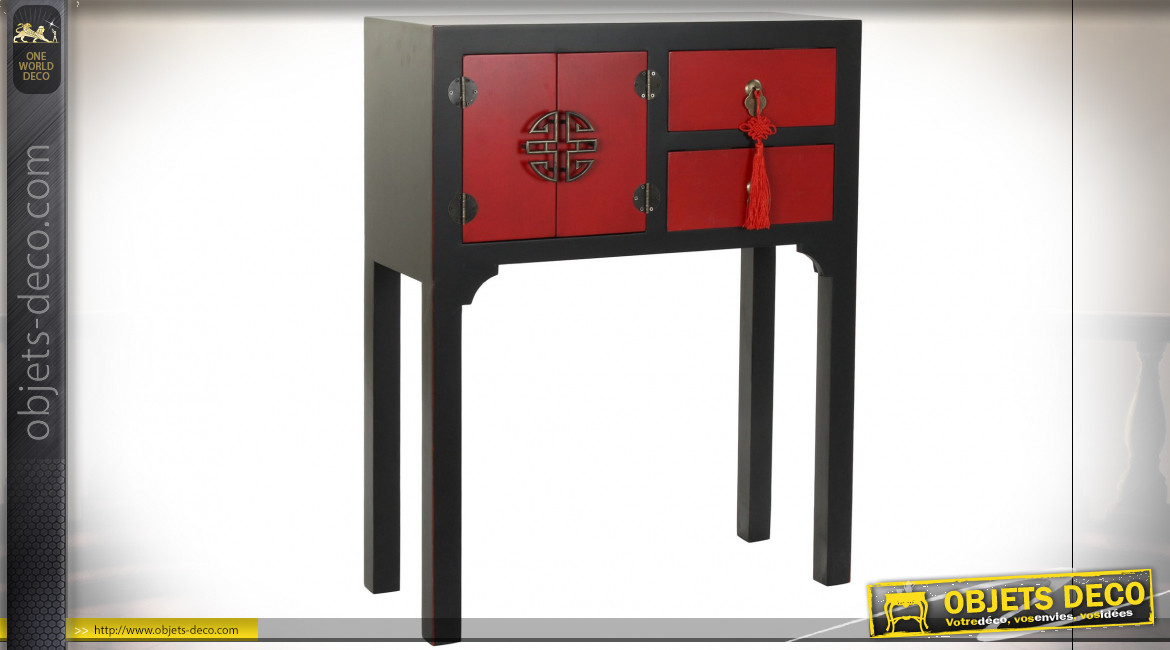 Petite console de style Japonais en bois de sapin finition rouge coquelicot et noire, 83cm