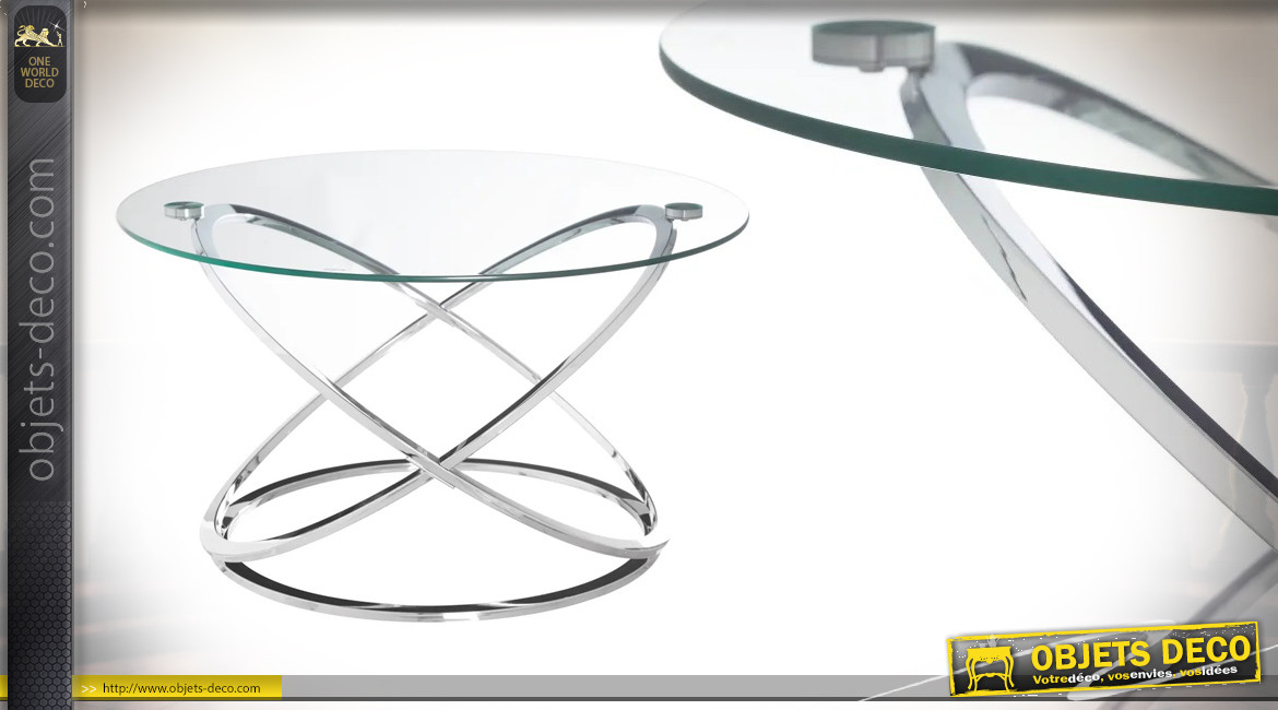 Table basse design en métal chromé et verre épais, ambiance moderne, Ø80cm