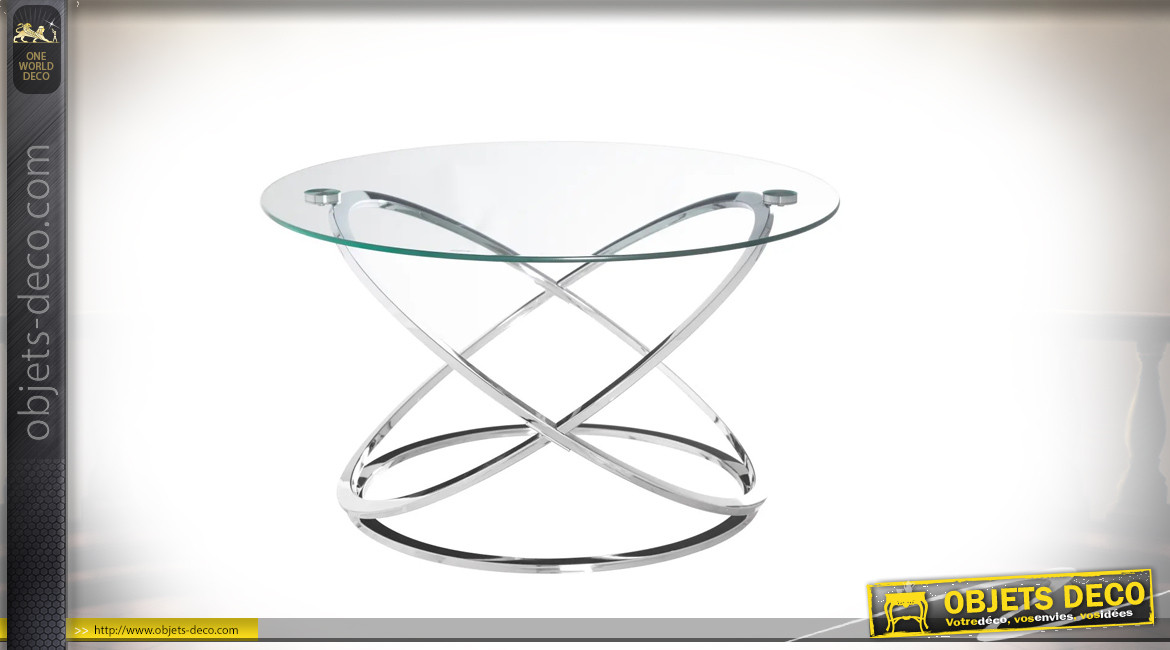 Table basse design en métal chromé et verre épais, ambiance moderne, Ø80cm