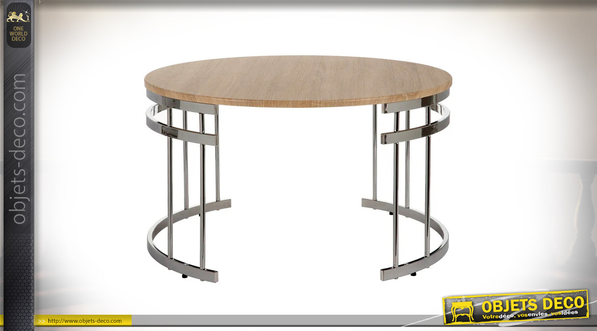 Table basse moderne métal chromé et bois clair, forme ronde, ambiance épurée, Ø80cm