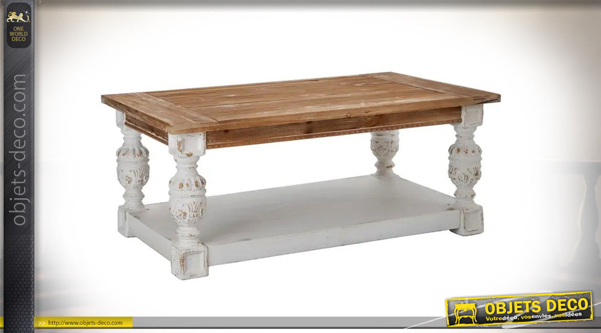 Table basse rectangulaire en bois avec pieds effet sculptés, ambiance vieille campagne, 120cm
