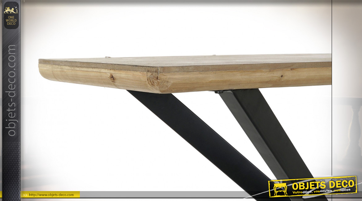 Console en bois de sapin finition naturelle et pieds en métal noir ambiance atelier moderne, 120cm