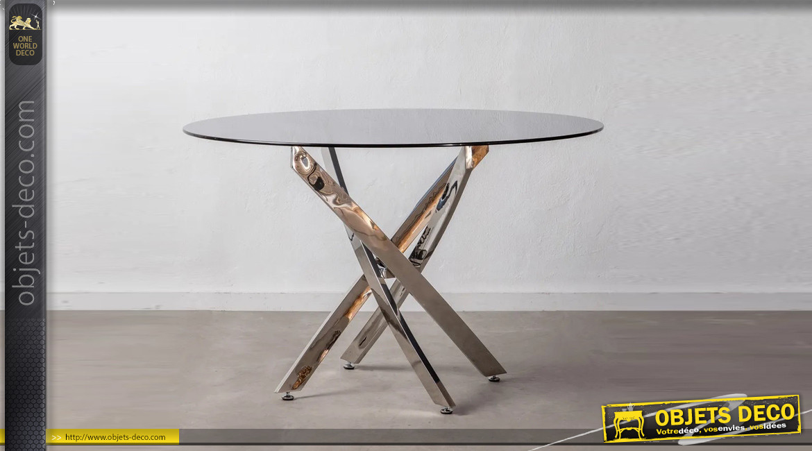 Table ronde en acier chromé et verre teinté gris, ambiance moderne design, Ø120cm