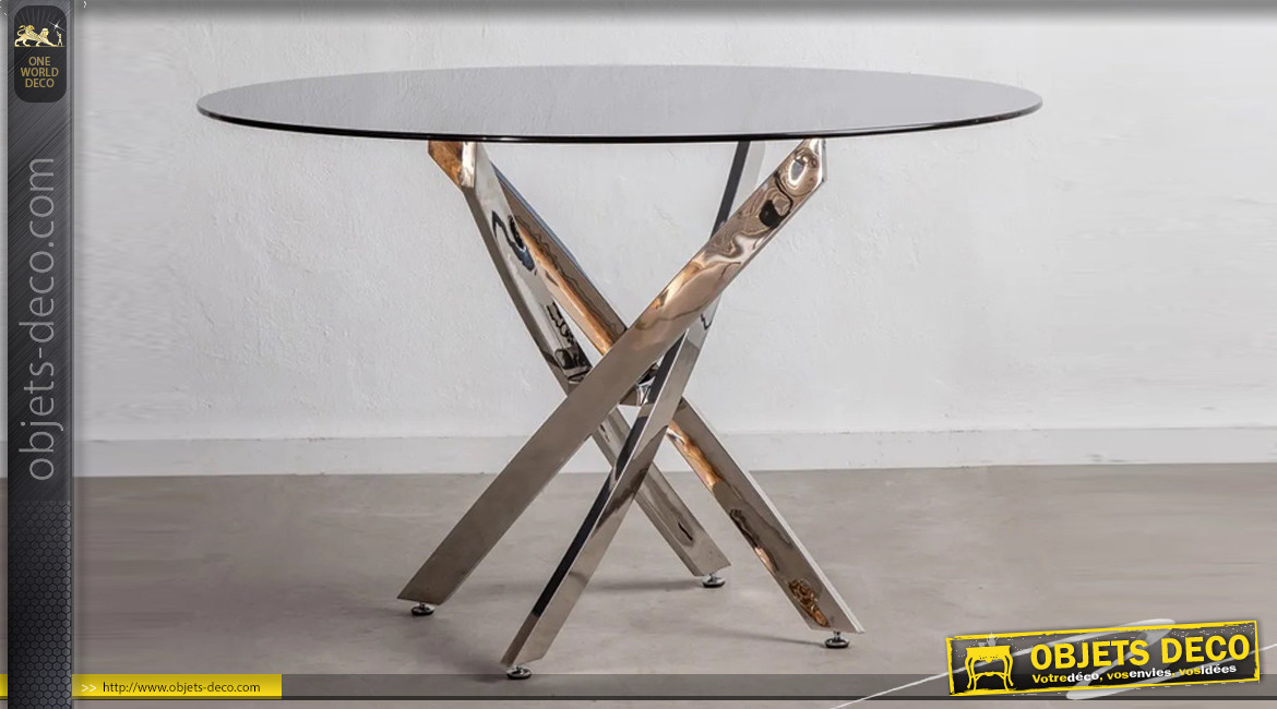 Table ronde en acier chromé et verre teinté gris, ambiance moderne design, Ø120cm