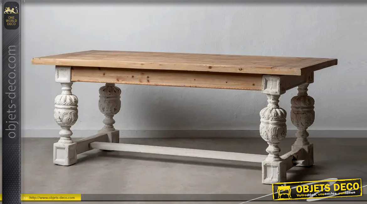 Table de salle à manger en bois de sapin avec pieds amphore, finition blanc antique et naturel, 200cm