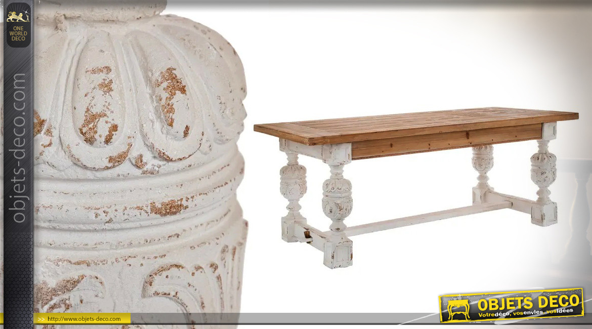 Table de salle à manger en bois de sapin avec pieds amphore, finition blanc antique et naturel, 200cm