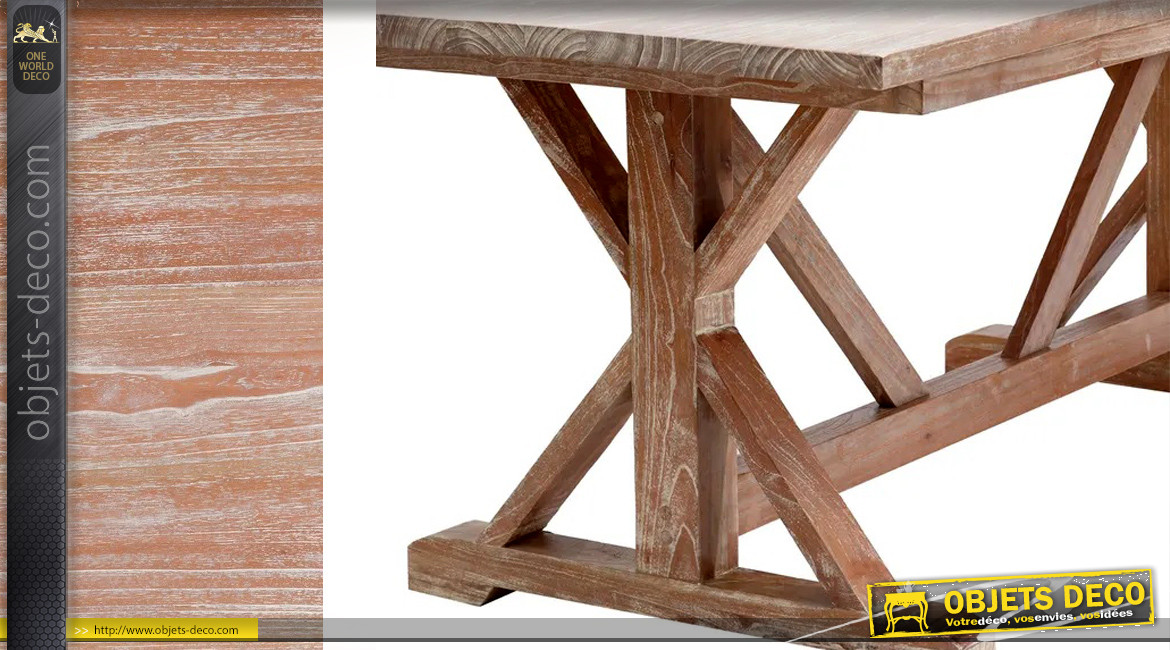 Table Monastère en bois de mindi massif, finition naturelle et patine blanc cérusé, 200cm