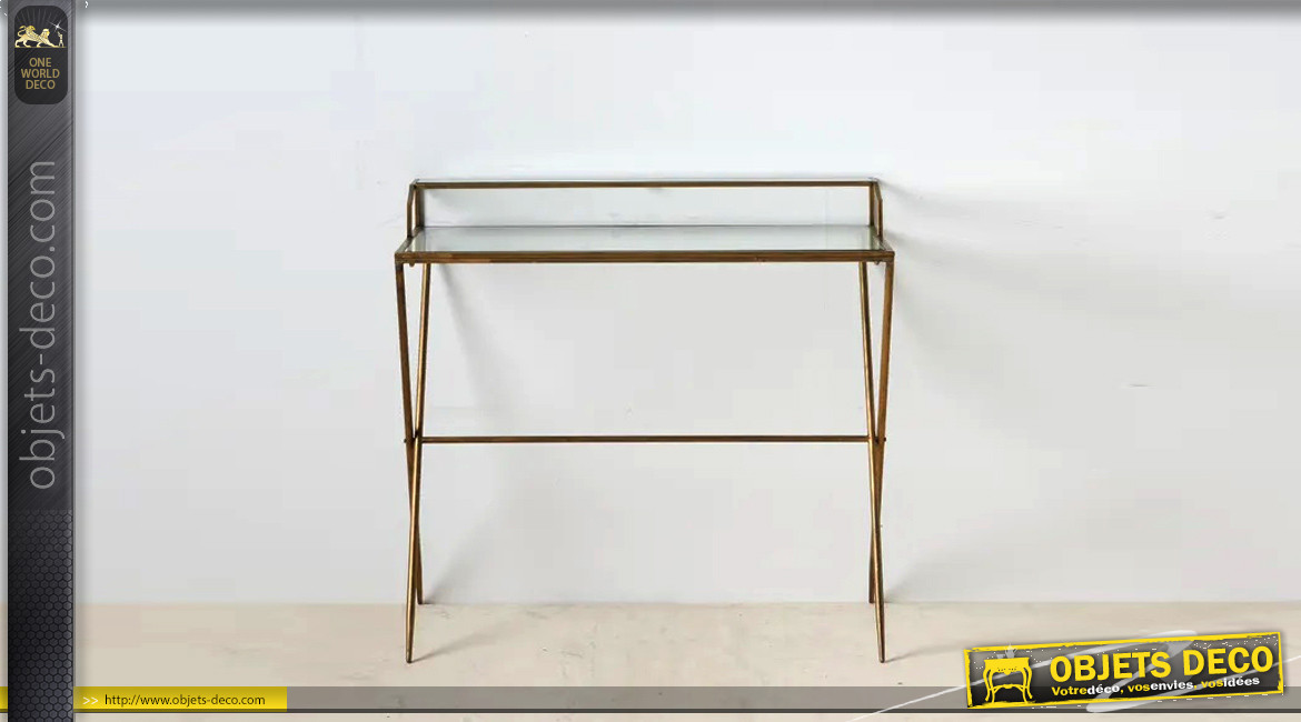 Bureau d'appoint en métal effet vieux laiton doré et verre translucide, ambiance chic, 95cm