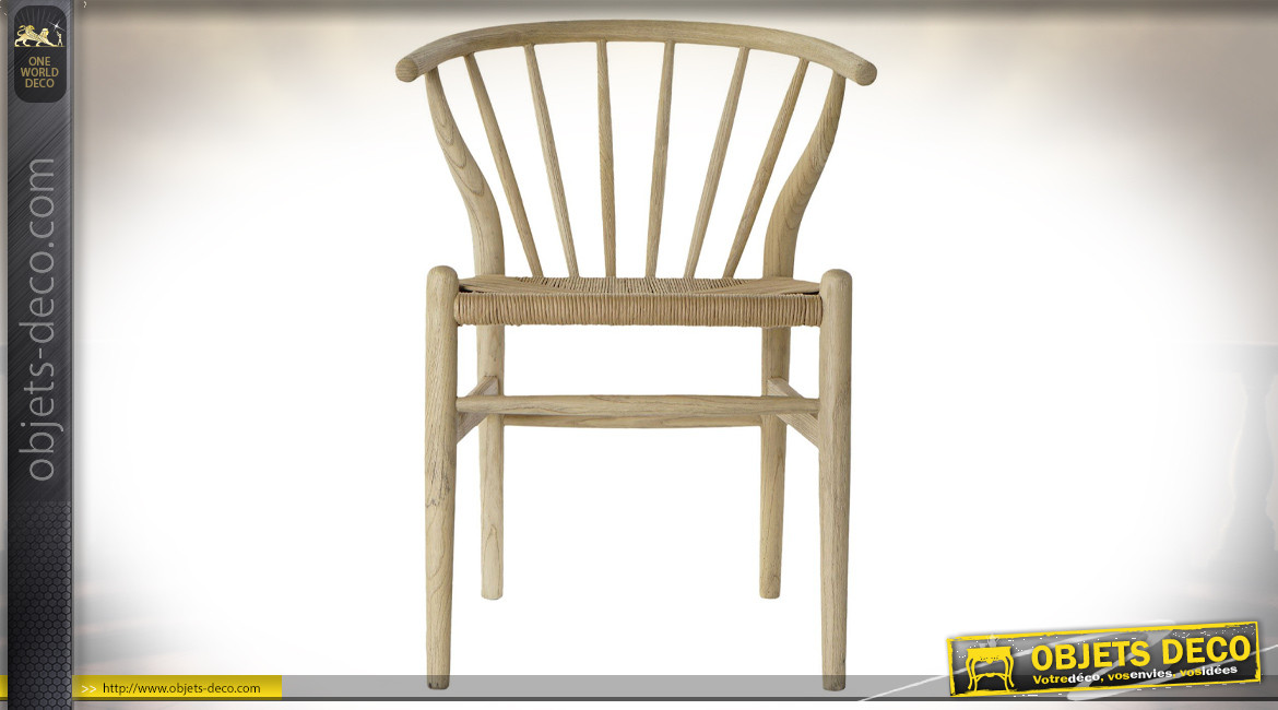 Chaise en bois d'orme finition naturelle et rotin de style rétro, 80cm