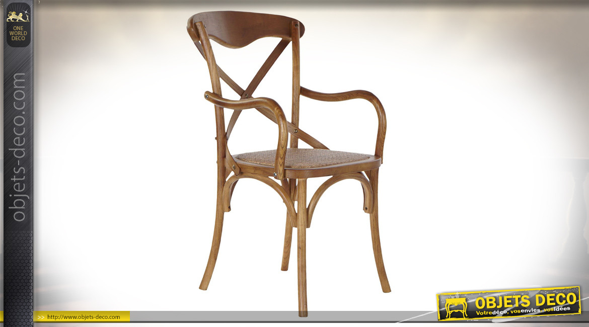 Chaise en bois d'orme et rotin tressé finition brun caramel ambiance bistro Parisien, 92cm