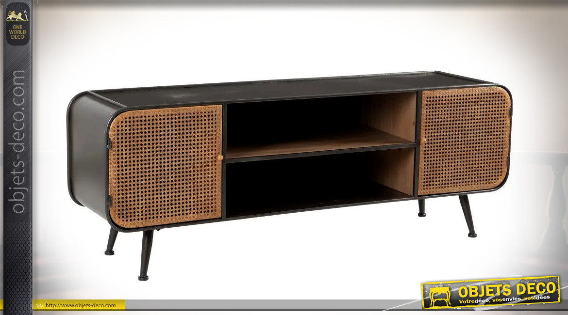 Meuble TV en bois métal et portes en cannage de rotin, ambiance rustico indus, 150cm