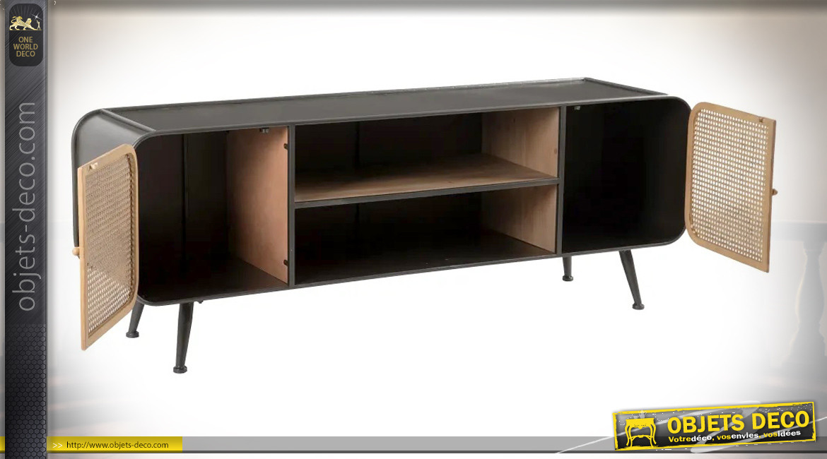 Meuble TV en bois métal et portes en cannage de rotin, ambiance rustico indus, 150cm