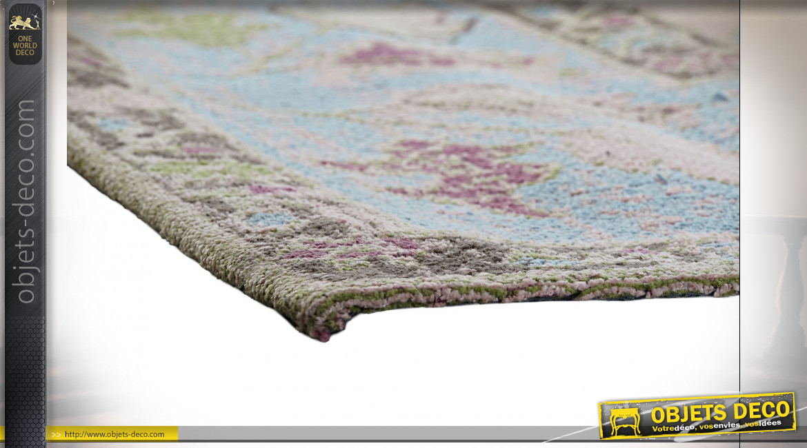 Grand tapis rectangulaire en coton et polyester finition bleu ciel et rose poudré, 290cm