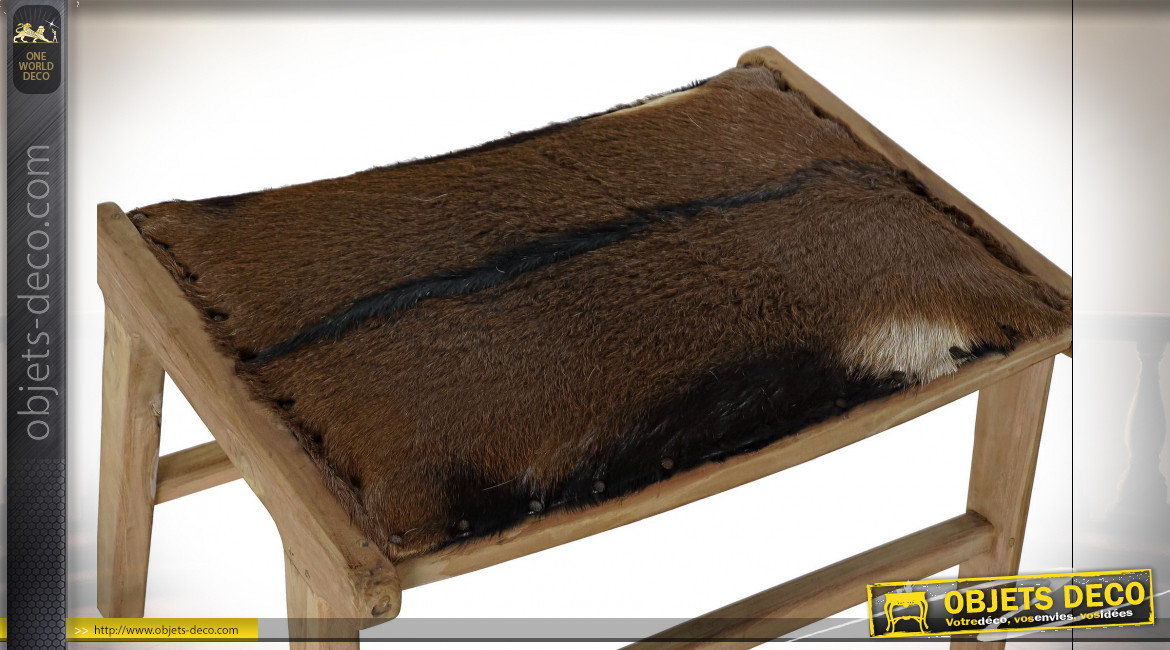 Bout de lit en bois de teck finition naturelle et cuir veritable, 65cm