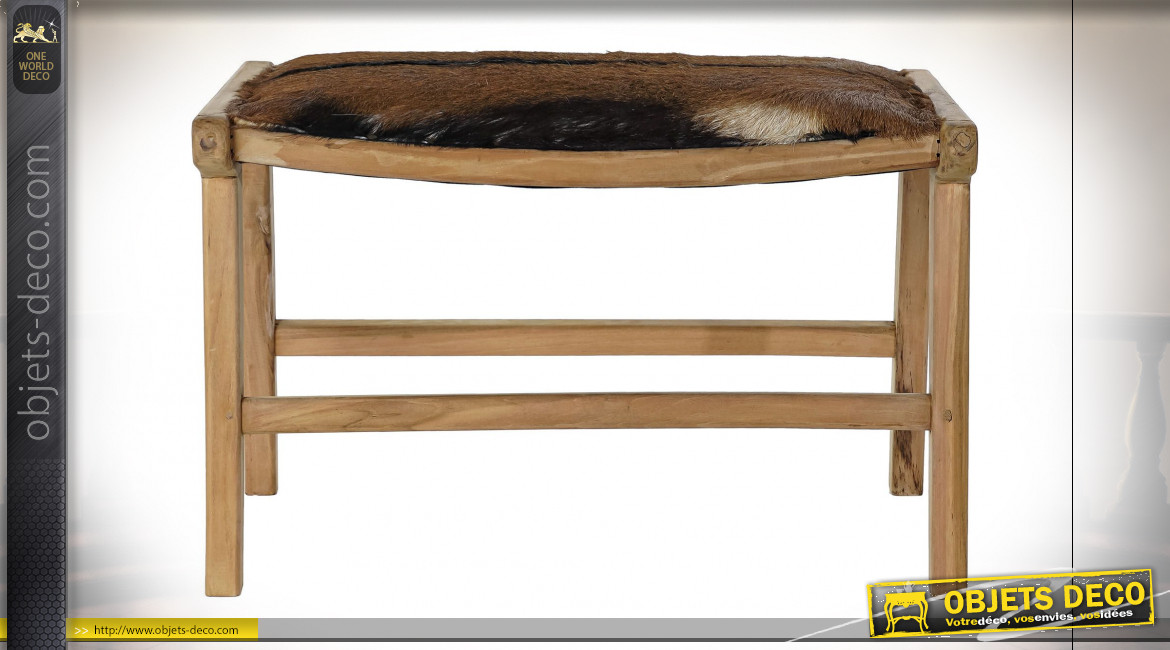 Bout de lit en bois de teck finition naturelle et cuir veritable, 65cm
