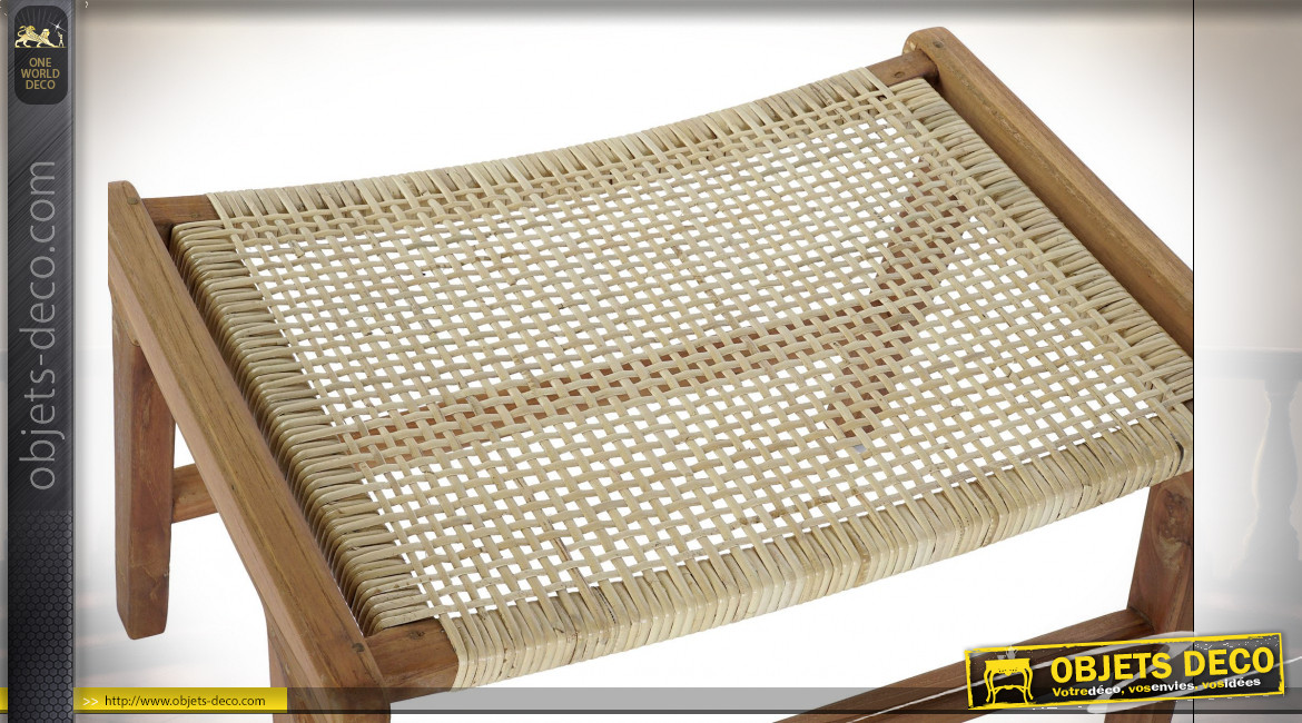 Bout de lit en bois de teck et cannage de rotin finition naturelle ambiance tropicale, 65cm