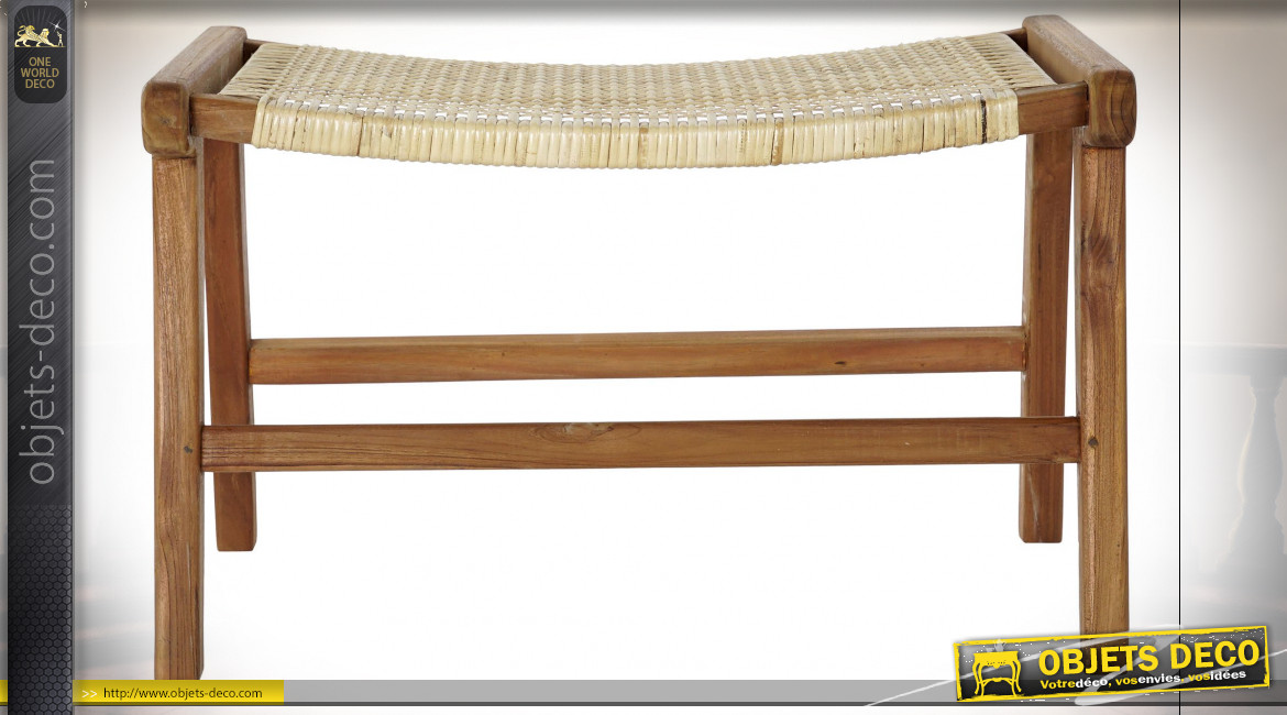 Bout de lit en bois de teck et cannage de rotin finition naturelle ambiance tropicale, 65cm