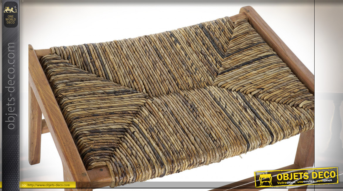 Bout de lit en fibre végétale et bois de teck finition naturelle ambiance campagne chic, 65cm