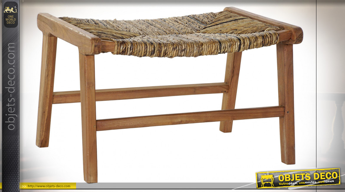 Bout de lit en fibre végétale et bois de teck finition naturelle ambiance campagne chic, 65cm