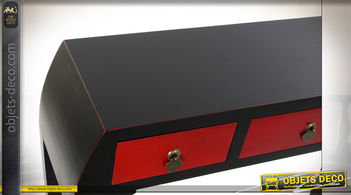 Console 3 tiroirs en bois de sapin finition rouge cardinal et noir ambiance Japonaise, 96cm