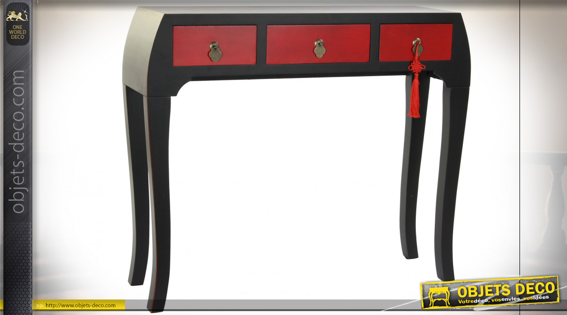 Console 3 tiroirs en bois de sapin finition rouge cardinal et noir ambiance Japonaise, 96cm