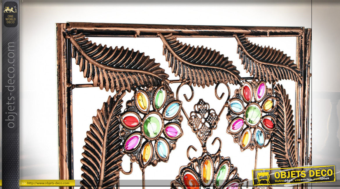 Paravent en métal finition cuivre et acrylique ambiance orientale colorée, 170cm