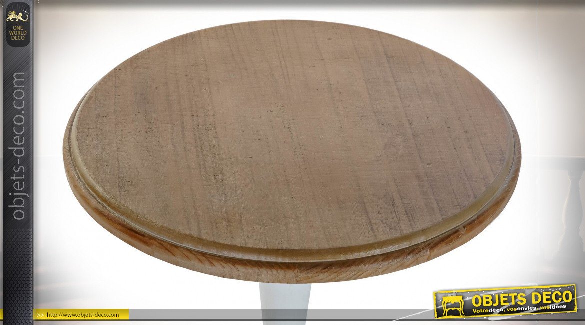 Table d'appoint en bois de sapin finition blanc vieilli et naturelle ambiance shabby chic, 54cm